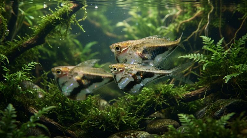 Стайка аквариумных рыбок карнегиелла мраморная плавает в прозрачной воде среди густой зелени
