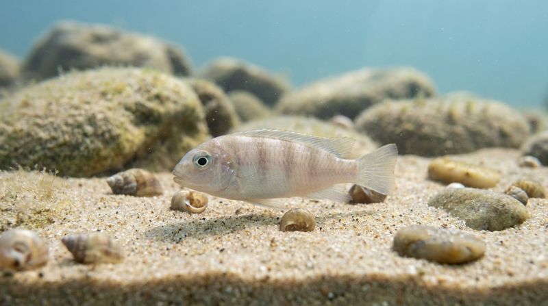 Светлая особь Pseudotropheus livingstonii держится над песком среди камней и мелких раковин