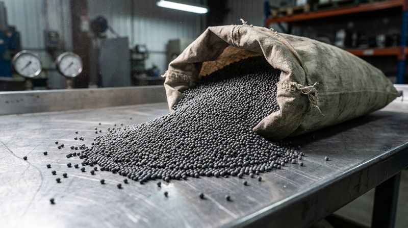 Обожженная керамическая гранула пропанта высыпается из промышленного мешка, демонстрируя идеальную однородную фракцию и чистоту