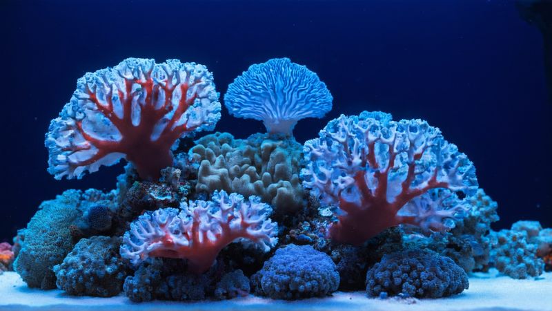 Мягкие кораллы в рифовом аквариуме под актиничным освещением