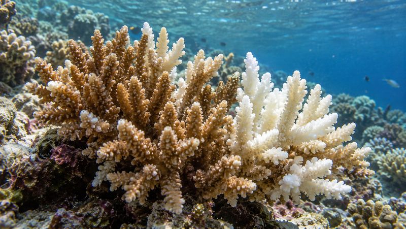Частично обесцвеченная колония Acropora на рифе показывает признаки теплового стресса и потерю окраски