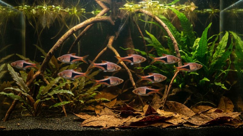 Стая Trigonostigma heteromorpha плывёт над опавшими листьями среди коряг и широколистных растений