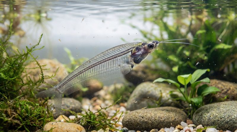Прозрачный стеклянный сомик плывет к поверхности воды в поисках мелкого живого корма в домашнем аквариуме