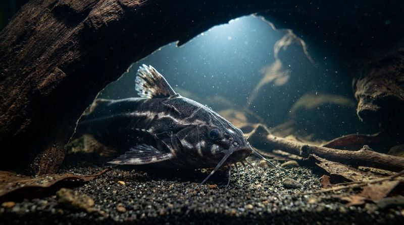 Колючий сом прячется под массивной корягой в аквариуме. Мирный донный обитатель Acanthodoras spinosissimus в укрытии