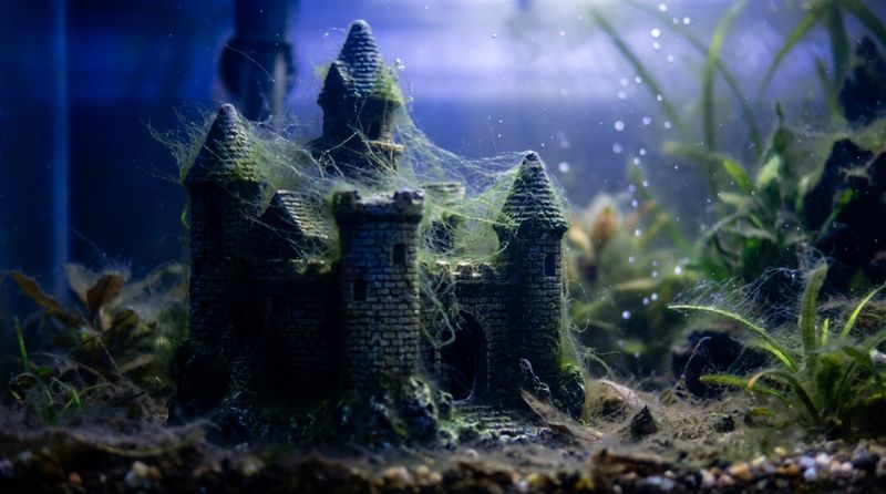 Декоративный аквариумный замок под слоем водорослей