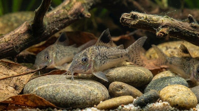 Пятнистые коридорасы среди крупных окатанных камней