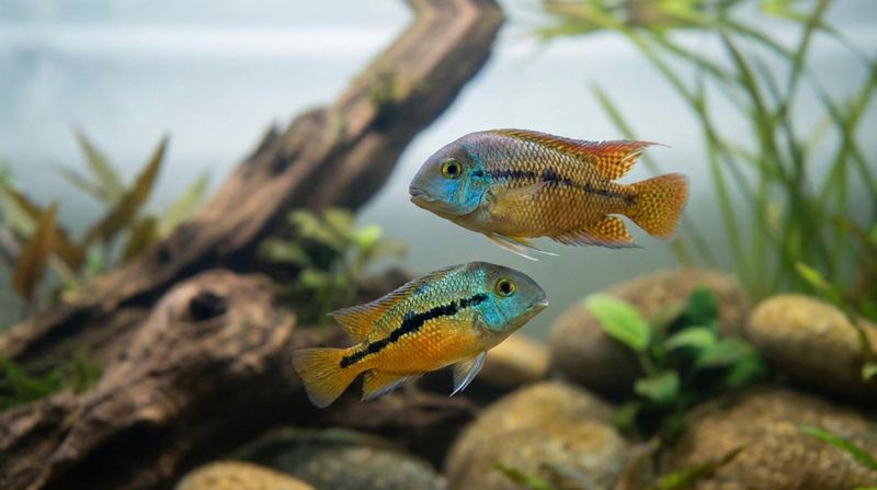Пара никарагуанских цихлазом Hypsophrys nicaraguensis демонстрирует различия окраски взрослых рыб в аквариуме
