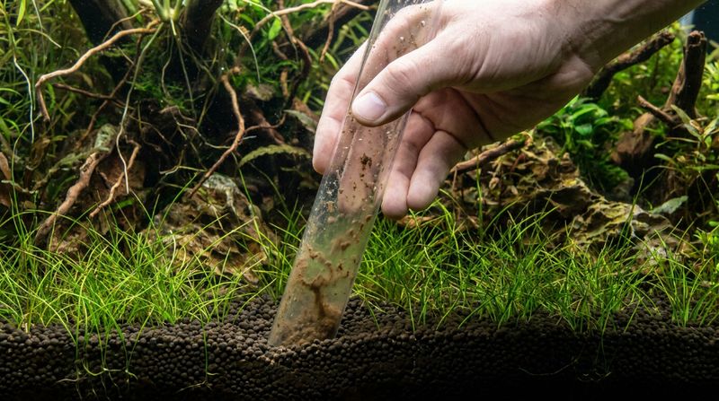 Рука проводит глубокую очистку аквариумного сойла прозрачным сифоном для удаления скопившейся на дне грязи