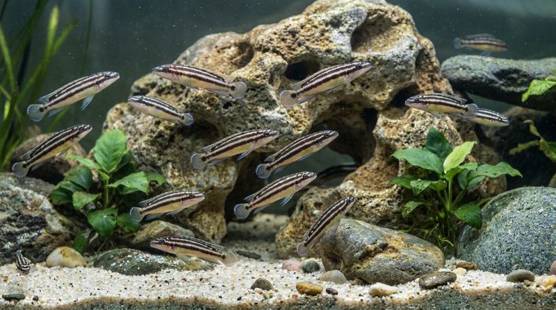 Группа особей Julidochromis ornatus держится среди камней до естественного образования постоянных пар в аквариуме