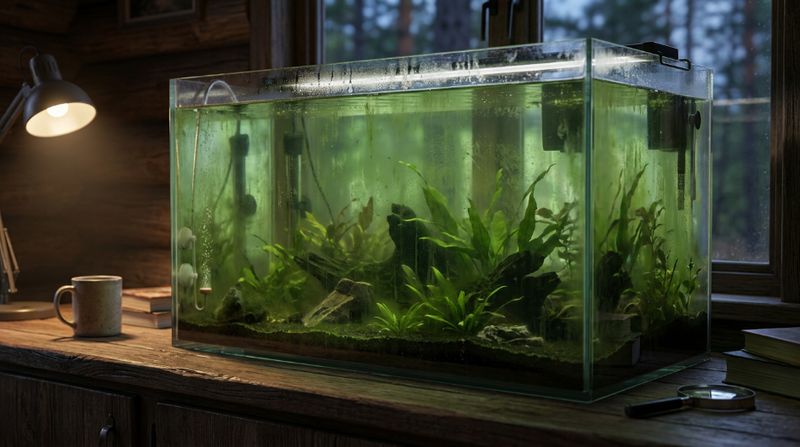Большой прямоугольный домашний аквариум заполнен мутной зеленой водой из-за сильной вспышки роста водорослей