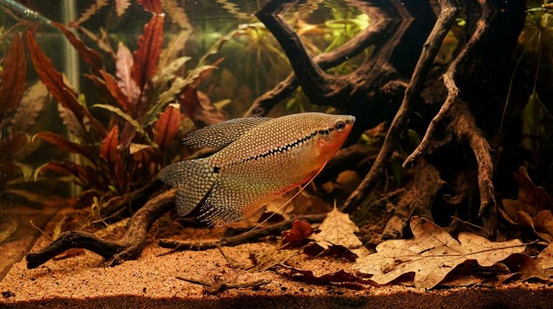 Аквариумный биотоп для жемчужного гурами: темная вода, коряги, сухие дубовые листья на песчаном дне и живые растения