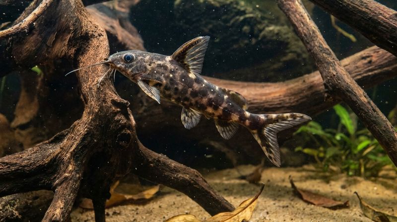 Synodontis nigriventris плывёт между затопленными корнями над песком и опавшей листвой бассейна Конго