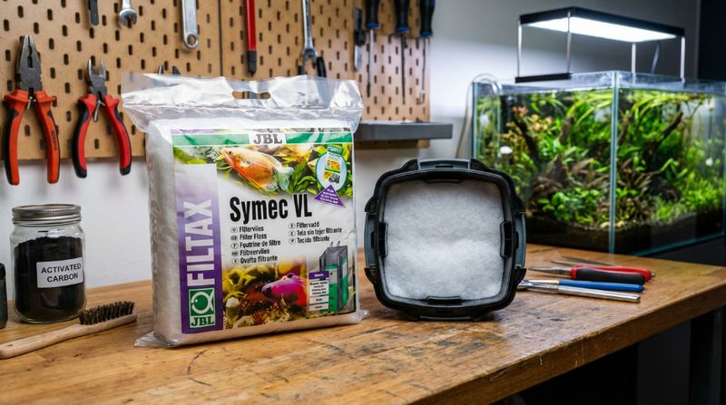 Аквариумный синтепон JBL Symec для финишной очистки воды. Белый фильтрующий материал тонкой очистки в лотке внешнего фильтра