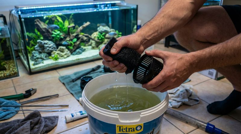Мужчина промывает грязную губку аквариумного фильтра в ведре с водой из аквариума. Сохранение полезных бактерий при чистке