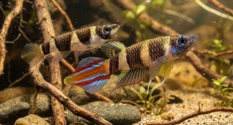 Самец Epiplatys annulatus в нано-аквариуме. Яркий полосатый окрас и факельный хвост щучки-клоуна