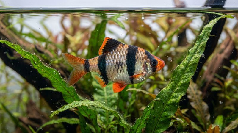 Суматранский барбус плывет в прозрачной воде аквариума среди зеленых листьев. Детальное фото чешуи и плавников