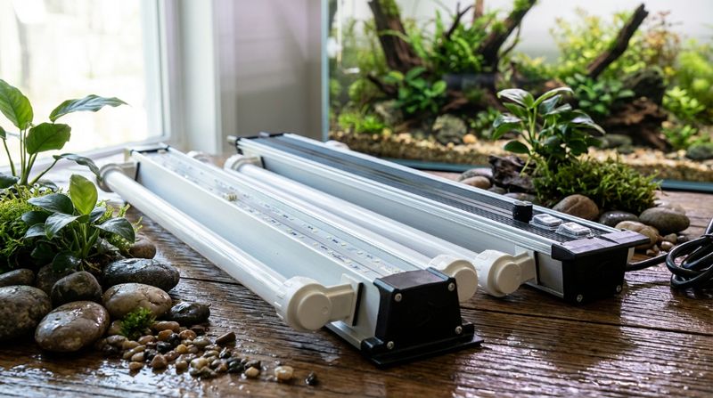 Сравнение аквариумных светильников: гибридные лампы T5 и мощные LED балки на столе для подбора оптимального освещения травника