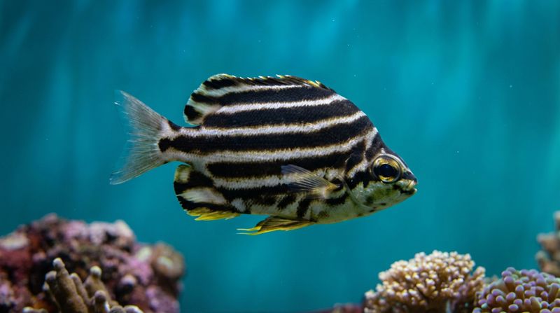 Внешний облик рыбы желтый полосатик. Яркая аквариумная рыбка Microcanthus strigatus плавает в чистой голубой воде