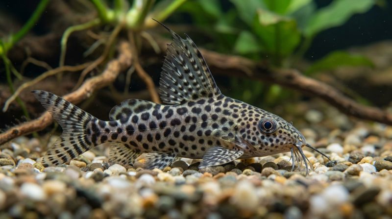 Молодой Synodontis eupterus демонстрирует пятнистое тело, усики и высокий парусный спинной плавник