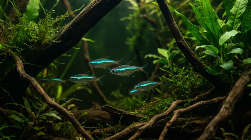 Зеленые неоны плавают среди темных коряг в аквариуме, имитирующем природный биотоп лесных ручьев бассейна Амазонии