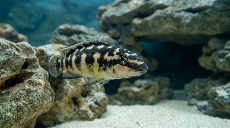 Julidochromis transcriptus крупным планом: тёмный рисунок головы и полоса через область глаза хорошо заметны