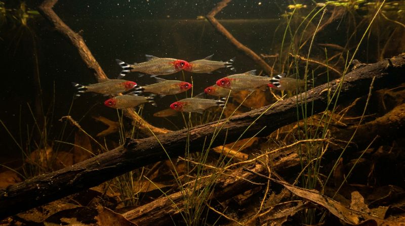 Косяк огнеголовых тетр плавает в амазонском биотопе с темной водой среди затопленных веток деревьев