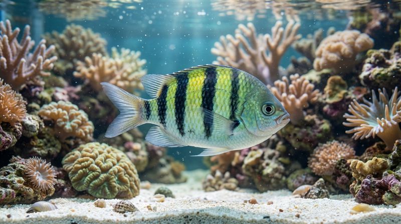 Морская рыбка Сержант-майор Abudefduf saxatilis крупным планом. Полосатый окрас, высокое тело
