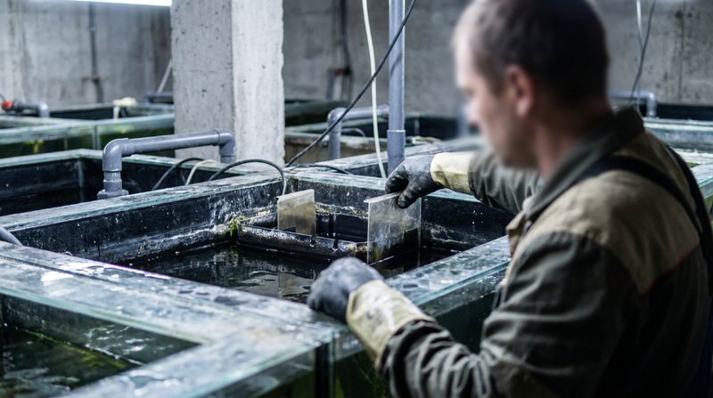 Аквариумист проверяет черный пластиковый нерестовик для аквариума размещенный в зоне умеренного течения промышленной системы