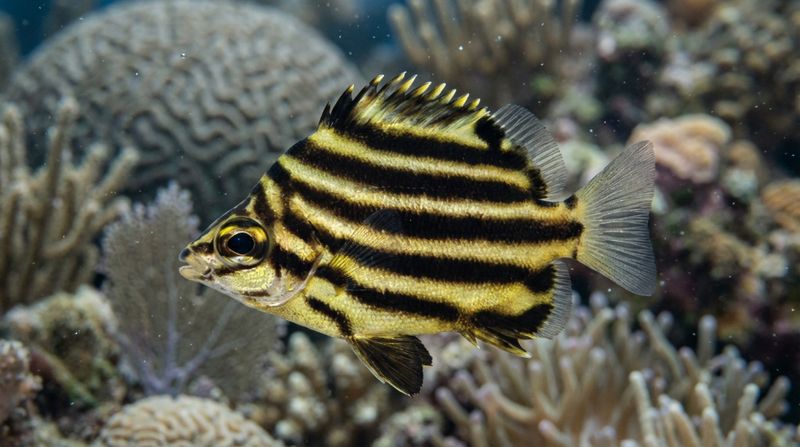 Макро фото Microcanthus strigatus с поднятым плавником. Черно-желтая полосатая окраска морской рыбы для защиты от хищников