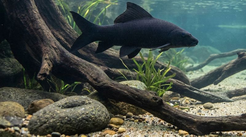 Темная аквариумная рыба Labeo chrysophekadion проплывает мимо массивной коряги в нижнем слое воды