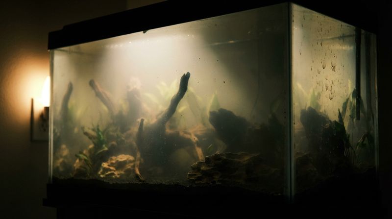 Стеклянный резервуар, коряги, камни, мутная вода