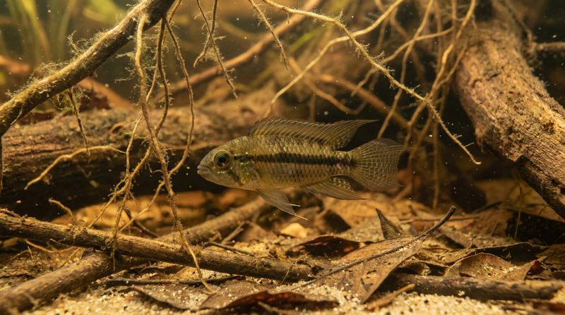 Биотопный аквариум для Apistogramma paucisquamis оформлен песком, листьями, ветвями и многочисленными укрытиями
