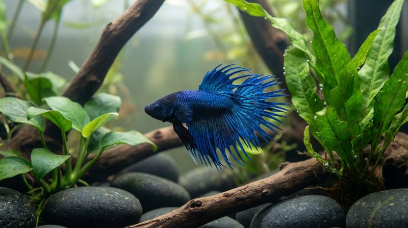 Коронохвостый петушок (Crowntail) во всей красе: его лучевидные плавники требуют декораций без единого острого края