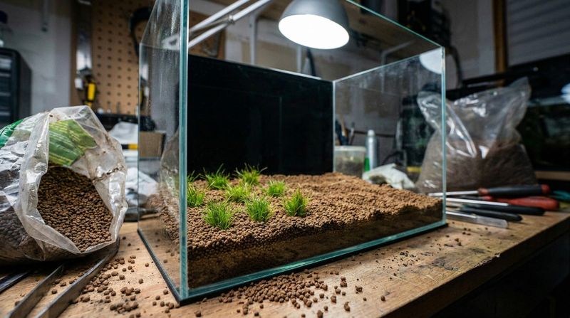 Процесс посадки мелких зеленых растений в коричневый питательный грунт внутри пустого аквариума