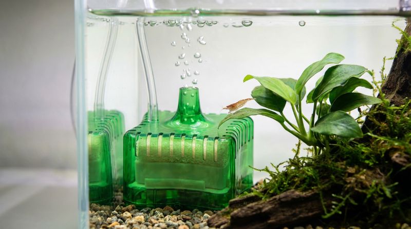 Аэрлифтный фильтр создает мягкий поток воды, который идеально подходит для таких маленьких обитателей, как эта креветка
