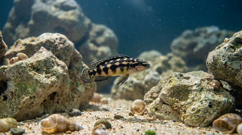 Julidochromis transcriptus держится среди камней и укрытий, характерных для скалистого побережья озера Танганьика