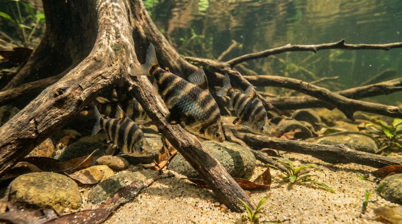Группа мраморных абрамитесов Abramites hypselonotus среди коряг и камней в естественном речном биотопе