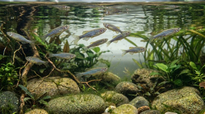 Группа юрких рыбок данио рерио активно кормится у самой поверхности воды в густо засаженном аквариуме