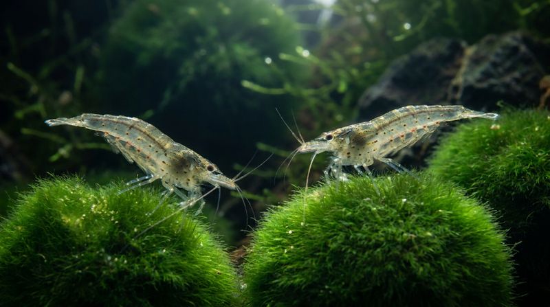 Две полупрозрачные креветки Амано собирают мягкие водоросли с пушистого мха в пресноводном домашнем аквариуме без рыб