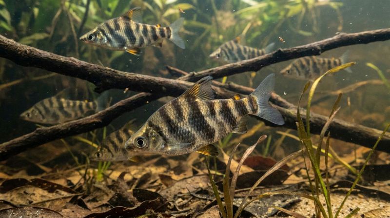 Стая Abramites hypselonotus держится среди затопленных ветвей и растительности южноамериканской речной поймы