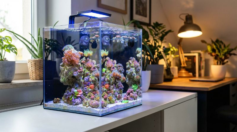 Нано морской аквариум в интерьере на рабочем столе, маленький риф с оборудованием и освещением, фото нанорифа 30 литров