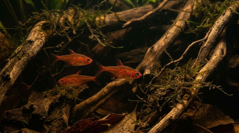 Естественная среда тетры Аманды в аквариуме с темной водой и корягами
