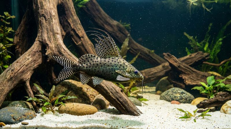 Synodontis eupterus плывёт возле коряги, показывая длинные лучи характерного спинного плавника в аквариуме