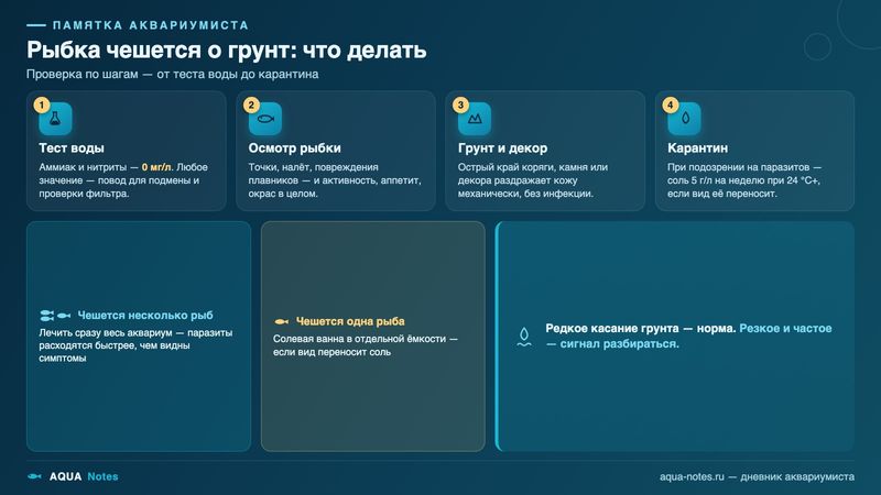 Сохраните памятку: порядок проверки по шагам, если рыбка начала тереться о грунт чаще обычного