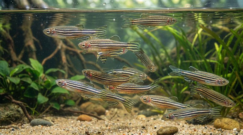 Большая стайка пресноводных рыбок данио рерио плавает в кристально чистой воде просторного домашнего аквариума 