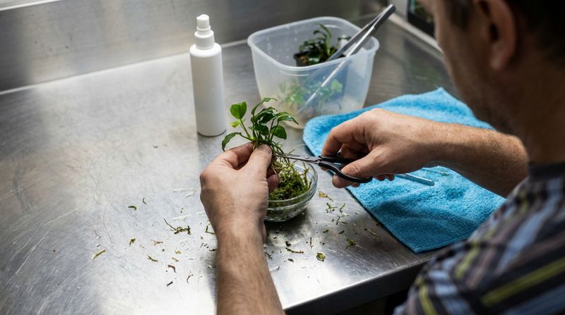 Подрезка корней водного растения перед высадкой в аквариум для ускорения адаптации и поглощения калийных подкормок