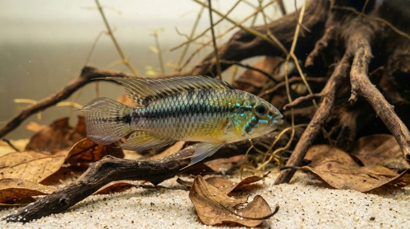 Самец Apistogramma gephyra среди коряг и листьев в биотопном аквариуме с мягкой кислой водой