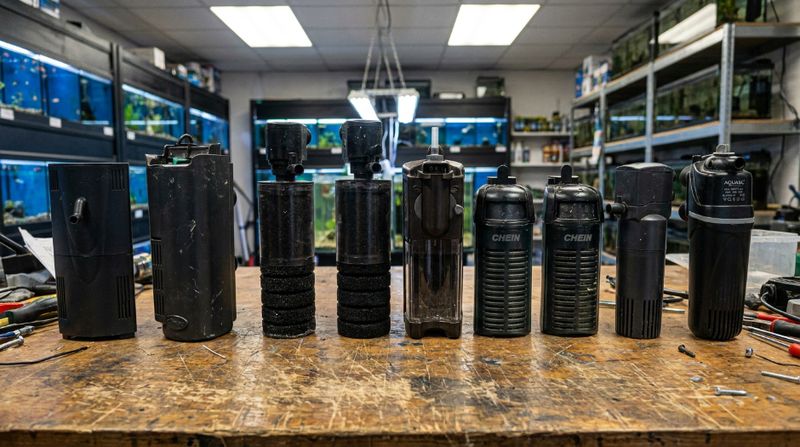 Различные модели внутренних аквариумных фильтров для эффективной механической очистки воды на деревянном столе